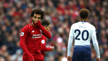 LIVERPOOL, ENGLAND - MARCH 31: Mohamed Salah of Liverpool reacts during the Premier League match between Liverpool FC and Tottenham Hotspur at Anfield on March 31, 2019 in Liverpool, United Kingdom. (Photo by Clive Brunskill/Getty Images)