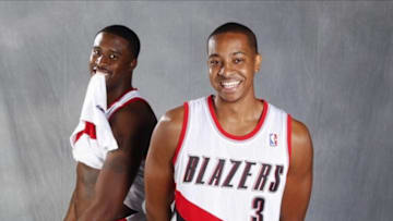 Sep 30, 2013; Portland, OR, USA; Portland Trail Blazers guard C.J. McCollum (3) and guard Wesley Matthews (left) pose for a photo during media day at the Moda Center. Mandatory Credit: Joe Nicholson-USA TODAY Sports