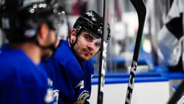 LOVELAND, CO - FEBRUARY 6: Colorado Eagles right wing Martin Kaut sits on the bench with teammates during practice on Wednesday, February 6, 2019. (Photo by AAron Ontiveroz/MediaNews Group/The Denver Post via Getty Images)