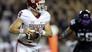 Oct 1, 2016; Fort Worth, TX, USA; Oklahoma Sooners quarterback Baker Mayfield (6) throws during the second half against the TCU Horned Frogs at Amon G. Carter Stadium. Mandatory Credit: Kevin Jairaj-USA TODAY Sports