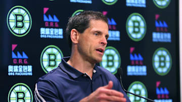 BOSTON - JUNE 28: Boston Bruins General Manager Don Sweeney talks with reporters after Day 3 of a Boston Bruins development camp at Warrior Ice Arena in the Brighton neighborhood of Boston on June 28, 2019. (Photo by John Tlumacki/The Boston Globe via Getty Images)
