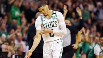 BOSTON, MA - MAY 13: Jayson Tatum #0 of the Boston Celtics celebrates the basket against the Cleveland Cavaliers during the second quarter in Game One of the Eastern Conference Finals of the 2018 NBA Playoffs at TD Garden on May 13, 2018 in Boston, Massachusetts. (Photo by Maddie Meyer/Getty Images)