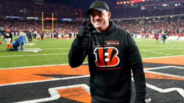 Bengals coach Zac Taylor gestures toward the fans after Cincinnati beat the Raiders to win the franchise’s first playoff game in 31 years.Xxx 011522 Bengals Ke 043 Jpg S Fbnf Usa Oh
