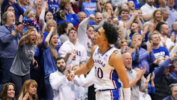 Jan 31, 2023; Lawrence, Kansas, USA; Kansas Jayhawks forward Jalen Wilson (10) celebrates during the first half against the Kansas State Wildcats during the first half at Allen Fieldhouse. Mandatory Credit: Jay Biggerstaff-USA TODAY Sports