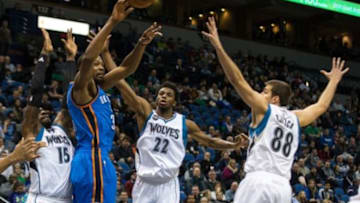 Jan 12, 2016; Minneapolis, MN, USA; Oklahoma City Thunder forward Kevin Durant (35) passes during the second quarter against the Minnesota Timberwolves at Target Center. Mandatory Credit: Brace Hemmelgarn-USA TODAY Sports