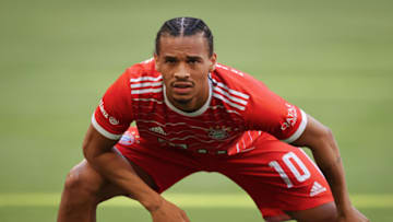 MUNICH, GERMANY - JULY 16: Leroy Sane of Bayern Muenchen during the team presentation of FC Bayern München at Allianz Arena on July 16, 2022 in Munich, Germany. (Photo by Stefan Matzke - sampics/Corbis via Getty Images)