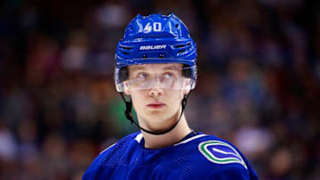VANCOUVER, BC - MARCH 30: Elias Pettersson #40 of the Vancouver Canucks skates up ice during their NHL game against the Dallas Stars at Rogers Arena March 30, 2019 in Vancouver, British Columbia, Canada. (Photo by Jeff Vinnick/NHLI via Getty Images)"n