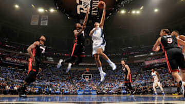 ORLANDO, FL - OCTOBER 18: Evan Fournier #10 of the Orlando Magic shoots the ball during the game against the Miami Heat on October 18, 2017 at Amway Center in Orlando, Florida. NOTE TO USER: User expressly acknowledges and agrees that, by downloading and or using this photograph, User is consenting to the terms and conditions of the Getty Images License Agreement. Mandatory Copyright Notice: Copyright 2017 NBAE (Photo by Fernando Medina/NBAE via Getty Images)
