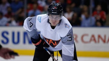 Sep 21, 2016; Toronto, Ontario, Canada; Team North America center Auston Matthews (34) sets for a face-off against Team Sweden during preliminary round play in the 2016 World Cup of Hockey at Air Canada Centre. Mandatory Credit: Kevin Sousa-USA TODAY Sports