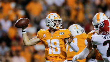 KNOXVILLE, TENNESSEE - OCTOBER 05: Brian Maurer #18 of the Tennessee Volunteers pulls back to throw a pass against the Georgia Bulldogs during the fourth quarter of the game at Neyland Stadium on October 05, 2019 in Knoxville, Tennessee. (Photo by Silas Walker/Getty Images)