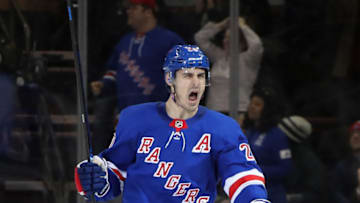 NEW YORK, NEW YORK - NOVEMBER 25: Chris Kreider #20 of the New York Rangers skates against the Minnesota Wild at Madison Square Garden on November 25, 2019 in New York City. The Rangers defeated the Wild 3-2 in overtime. (Photo by Bruce Bennett/Getty Images)