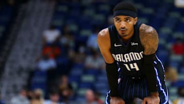 NEW ORLEANS, LOUISIANA - OCTOBER 06: Gary Harris #14 of the Orlando Magic reacts during a preseason game at the Smoothie King Center on October 06, 2021 in New Orleans, Louisiana. NOTE TO USER: User expressly acknowledges and agrees that, by downloading and or using this Photograph, user is consenting to the terms and conditions of the Getty Images License Agreement. (Photo by Jonathan Bachman/Getty Images)