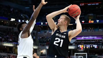INDIANAPOLIS, INDIANA - DECEMBER 21: Derrik Smits #21 of the Butler Bulldogs shoots the ball against the Purdue Boilermakers during the Crossroads Classic at Bankers Life Fieldhouse on December 21, 2019 in Indianapolis, Indiana. (Photo by Andy Lyons/Getty Images)