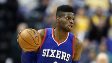 Mar 1, 2015; Indianapolis, IN, USA; Philadelphia 76ers center Nerlens Noel (4) brings the ball up court against the Indiana Pacers at Bankers Life Fieldhouse. Mandatory Credit: Brian Spurlock-USA TODAY Sports