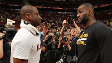 MIAMI, FL - MARCH 19: Dwyane Wade #3 of the Miami Heat and LeBron James #23 of the Cleveland Cavaliers are seen after the game on March 19, 2016 at AmericanAirlines Arena in Miami, Florida. NOTE TO USER: User expressly acknowledges and agrees that, by downloading and or using this Photograph, user is consenting to the terms and conditions of the Getty Images License Agreement. Mandatory Copyright Notice: Copyright 2015 NBAE (Photo by Issac Baldizon/NBAE via Getty Images)