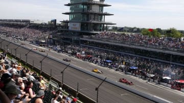 May 27, 2016; Indianapolis, IN, USA; A general view of Verizon Indy Car drivers pull out of the pits during Carb Day for the Indianapolis 500 at Indianapolis Motor Speedway. Mandatory Credit: Brian Spurlock-USA TODAY Sports