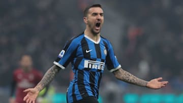 MILAN, ITALY - FEBRUARY 09: Matias Vecino of FC Internazionale celebrates his goal during the Serie A match between FC Internazionale and AC Milan at Stadio Giuseppe Meazza on February 9, 2020 in Milan, Italy. (Photo by Emilio Andreoli/Getty Images)