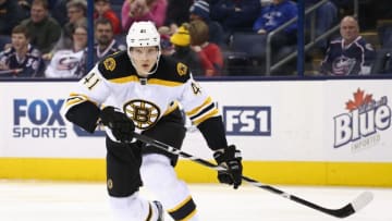 Feb 16, 2016; Columbus, OH, USA; Boston Bruins left wing Joonas Kemppainen (41) against the Columbus Blue Jackets at Nationwide Arena. The Bruins won 2-1 in overtime. Mandatory Credit: Aaron Doster-USA TODAY Sports