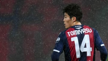 BOLOGNA, ITALY - FEBRUARY 12: Takehiro Tomiyasu of Bologna FC looks on during the Serie A match between Bologna FC and Benevento Calcio at Stadio Renato Dall'Ara on February 12, 2021 in Bologna, Italy. (Photo by Alessandro Sabattini/Getty Images)