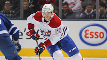 TORONTO, ON - FEBRUARY 23: Matthew Peca #63 of the Montreal Canadiens skates with the puck against the Toronto Maple Leafs in an NHL game at Scotiabank Arena on February 23, 2019 in Toronto, Ontario, Canada. The Maple Leafs defeated the Canadiens 6-3. (Photo by Claus Andersen/Getty Images)