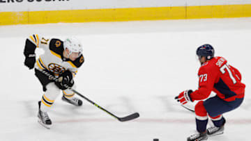 May 15, 2021; Washington, District of Columbia, USA; Boston Bruins left wing Taylor Hall (71) skates with the puck past Washington Capitals left wing Conor Sheary (73) in the third period in game one of the first round of the 2021 Stanley Cup Playoffs at Capital One Arena. Mandatory Credit: Geoff Burke-USA TODAY Sports