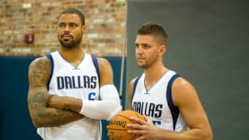 Sep 29, 2014; Dallas, TX, USA; Dallas Mavericks center Tyson Chandler (6) and forward Chandler Parsons (25) pose for a portrait during media day at the American Airlines Center. Mandatory Credit: Jerome Miron-USA TODAY Sports