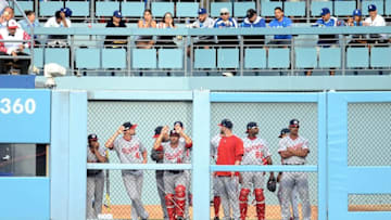 Oct 10, 2016; Los Angeles, CA, USA; The Washington Nationals bullpen watches during the ninth inning against the Los Angeles Dodgers in game three of the 2016 NLDS playoff baseball series at Dodger Stadium. Mandatory Credit: Gary A. Vasquez-USA TODAY Sports
