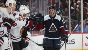 DENVER, COLORADO - NOVEMBER 30: Mikko Rantanen #96 of the Colorado Avalanche celebrates with his bench after scoring a goal against the Chicago Blackhawks at Pepsi Center on November 30, 2019 in Denver, Colorado. (Photo by Michael Martin/NHLI via Getty Images)