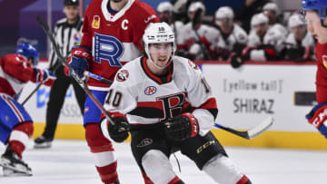 MONTREAL, QC - FEBRUARY 19: Alex Formenton #10 of the Belleville Senators skates against the Laval Rocket during the first period at the Bell Centre on February 19, 2021 in Montreal, Canada. The Laval Rocket defeated the Belleville Senators 5-2. (Photo by Minas Panagiotakis/Getty Images)