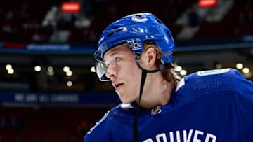 VANCOUVER, BC - FEBRUARY 28: Brock Boeser #6 of the Vancouver Canucks skates up ice with the puck during their NHL game against the New York Rangers at Rogers Arena February 28, 2018 in Vancouver, British Columbia, Canada. (Photo by Jeff Vinnick/NHLI via Getty Images)"n
