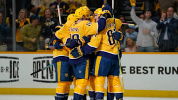 The Nashville Predators celebrate their goal against the Colorado Avalanche late in the first period of the Game Four of the First Round of the 2022 Stanley Cup Playoffs at Bridgestone Arena on May 09, 2022 in Nashville, Tennessee. The Avalanche swept the Predators 4-0 to advance to the second round. (Photo by Mickey Bernal/Getty Images)