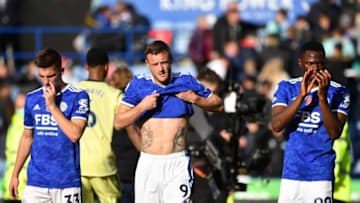 Leicester City's English striker Jamie Vardy (C), Leicester City's English defender Luke Thomas (L) and Leicester City's Zambian striker Patson Daka react at the final whistle during the English Premier League football match between Leicester City and Arsenal at King Power Stadium in Leicester, central England on October 30, 2021. - RESTRICTED TO EDITORIAL USE. No use with unauthorized audio, video, data, fixture lists, club/league logos or 'live' services. Online in-match use limited to 120 images. An additional 40 images may be used in extra time. No video emulation. Social media in-match use limited to 120 images. An additional 40 images may be used in extra time. No use in betting publications, games or single club/league/player publications. (Photo by JUSTIN TALLIS / AFP) / RESTRICTED TO EDITORIAL USE. No use with unauthorized audio, video, data, fixture lists, club/league logos or 'live' services. Online in-match use limited to 120 images. An additional 40 images may be used in extra time. No video emulation. Social media in-match use limited to 120 images. An additional 40 images may be used in extra time. No use in betting publications, games or single club/league/player publications. / RESTRICTED TO EDITORIAL USE. No use with unauthorized audio, video, data, fixture lists, club/league logos or 'live' services. Online in-match use limited to 120 images. An additional 40 images may be used in extra time. No video emulation. Social media in-match use limited to 120 images. An additional 40 images may be used in extra time. No use in betting publications, games or single club/league/player publications. (Photo by JUSTIN TALLIS/AFP via Getty Images)