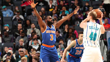 CHARLOTTE, NC - DECEMBER 14: Tim Hardaway Jr. #3 of the New York Knicks plays defense against Cody Zeller #40 of the CHarlotte Hornets on December 14, 2018 at Spectrum Center in Charlotte, North Carolina. NOTE TO USER: User expressly acknowledges and agrees that, by downloading and or using this photograph, User is consenting to the terms and conditions of the Getty Images License Agreement. Mandatory Copyright Notice: Copyright 2018 NBAE (Photo by Kent Smith/NBAE via Getty Images)