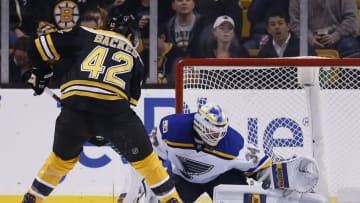 Nov 22, 2016; Boston, MA, USA; Boston Bruins right wing David Backes (42) scores a goal on St. Louis Blues goalie Jake Allen (34) during the first period at TD Garden. Mandatory Credit: Greg M. Cooper-USA TODAY Sports