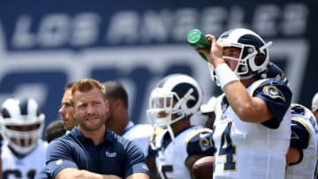 LOS ANGELES, CA - AUGUST 25: Head coach Sean McVay of the Los Angeles Rams on the field before a preseason game against the Houston Texans at Los Angeles Memorial Coliseum on August 25, 2018 in Los Angeles, California. (Photo by Harry How/Getty Images)