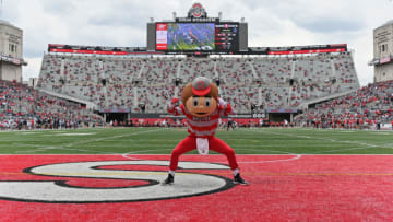 COLUMBUS, OH - APRIL 17: Ohio State Buckeyes mascot Brutus Buckeye performs for the crowd during the Spring Game at Ohio Stadium on April 17, 2021 in Columbus, Ohio. (Photo by Jamie Sabau/Getty Images)