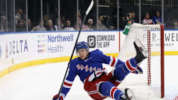 NEW YORK, NEW YORK - NOVEMBER 06: Libor Hajek #25 of the New York Rangers is tripped up by Jimmy Howard #35 of the Detroit Red Wings during the second period at Madison Square Garden on November 06, 2019 in New York City. The Rangers defeated the Red Wings 5-1. (Photo by Bruce Bennett/Getty Images)