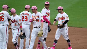 BALTIMORE, MD - MAY 13: Joey Rickard #23 of the Baltimore Orioles celebrates with teammates following the Orioles 17-1 win over the Tampa Bay Rays at Oriole Park at Camden Yards on May 13, 2018 in Baltimore, Maryland. (Photo by Rob Carr/Getty Images)