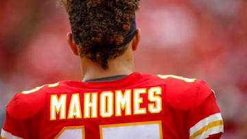 KANSAS CITY, MO - OCTOBER 07: Patrick Mahomes #15, quarterback with the Kansas City Chiefs, watched his team's defense against the Jacksonville Jaguars at Arrowhead Stadium on October 7, 2018 in Kansas City, Missouri. (Photo by David Eulitt/Getty Images) ***Patrick Mahomes***