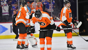 Apr 13, 2022; Philadelphia, Pennsylvania, USA; Philadelphia Flyers defenseman Travis Sanheim (6) reacts after loss to the New York Rangers at Wells Fargo Center. Mandatory Credit: Eric Hartline-USA TODAY Sports