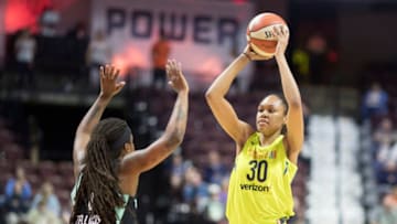 UNCASVILLE, CONNECTICUT- May 7: Azura Stevens #30 of the Dallas Wings defended by Shavonte Zellous #1 of the New York Liberty during the Dallas Wings Vs New York Liberty, WNBA pre season game at Mohegan Sun Arena on May 7, 2018 in Uncasville, Connecticut. (Photo by Tim Clayton/Corbis via Getty Images)