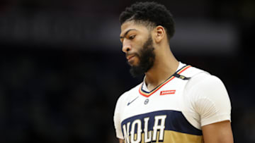 NEW ORLEANS, LOUISIANA - JANUARY 09: Anthony Davis #23 of the New Orleans Pelicans looks on during the game against the Cleveland Cavaliers at Smoothie King Center on January 09, 2019 in New Orleans, Louisiana. NOTE TO USER: User expressly acknowledges and agrees that, by downloading and or using this photograph, User is consenting to the terms and conditions of the Getty Images License Agreement. (Photo by Chris Graythen/Getty Images)