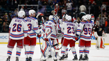 ANAHEIM, CA - NOVEMBER 01: Jimmy Vesey #26, Ryan Spooner #23, Vinni Lettieri #95, Kevin Hayes #13, and Alexandar Georgiev #40 of the New York Rangers celebrate defeating the Anaheim Ducks 3-2 during the overtime shootout of a game at Honda Center on November 1, 2018 in Anaheim, California. (Photo by Sean M. Haffey/Getty Images)
