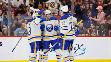 Apr 4, 2023; Sunrise, Florida, USA; Buffalo Sabres center Dylan Cozens (24) celebrates with teammates after scoring during the first period against the Florida Panthers at FLA Live Arena. Mandatory Credit: Sam Navarro-USA TODAY Sports