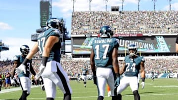 Sep 11, 2016; Philadelphia, PA, USA; Philadelphia Eagles wide receiver Nelson Agholor (17) celebrates his 35 yard touchdown catch during the third quarter with tight end Brent Celek (87) and running back Ryan Mathews (24) against the Cleveland Browns at Lincoln Financial Field. Mandatory Credit: Eric Hartline-USA TODAY Sports