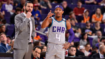 Charlotte Hornets James Borrego and Devonte' Graham.(Photo by Barry Gossage/NBAE via Getty Images)
