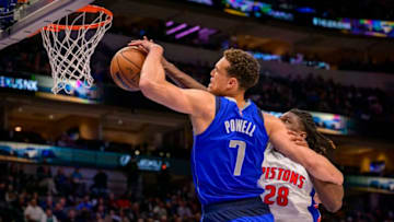 Dallas Mavericks center Dwight Powell (7) and Detroit Pistons center Isaiah Stewart (28) fight for the rebound Credit: Jerome Miron-USA TODAY Sports