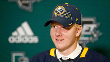 DALLAS, TX - JUNE 22: Rasmus Dahlin answers questions from the media after being selected first overall by the Buffalo Sabres during the first round of the 2018 NHL Draft at American Airlines Center on June 22, 2018 in Dallas, Texas. (Photo by Ron Jenkins/Getty Images)