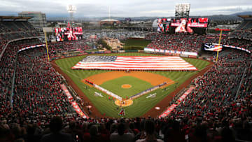 ANAHEIM, CALIFORNIA - APRIL 04: A general view of the national anthem prior to the home opener between the Los Angeles Angels of Anaheim and the Texas Rangers at Angel Stadium of Anaheim on April 04, 2019 in Anaheim, California. (Photo by Sean M. Haffey/Getty Images)