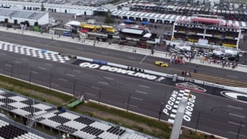 Aug 3, 2014; Long Pond, PA, USA; General view of the race track and inside track area prior to the NASCAR Sprint Cup Series GoBowling.com 400 at Pocono Raceway. Mandatory Credit: Bill Streicher-USA TODAY Sports